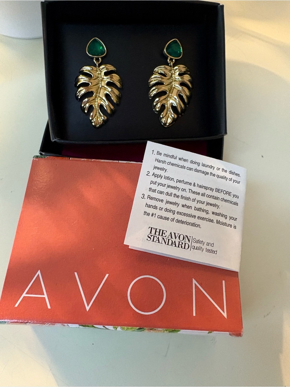 Vintage Avon Gold Leaf Drop Earrings with Green Stone | NEW IN BOX |